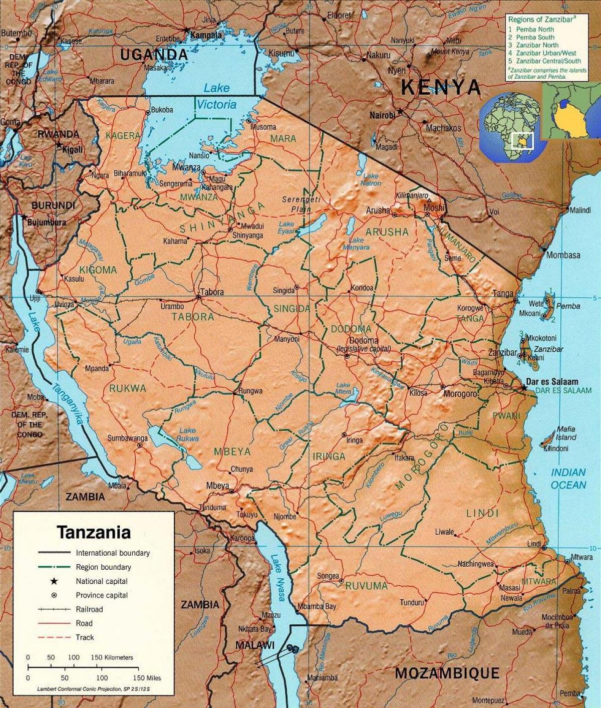tanzaniji geografska mapu