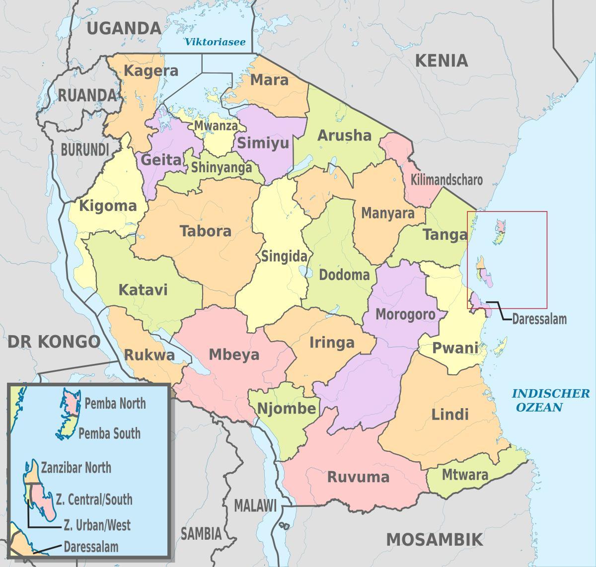 mapa je iz tanzanije pokazuje regionima i okruga