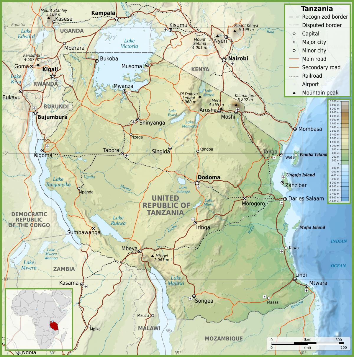 tanzaniji mapu s kilometra