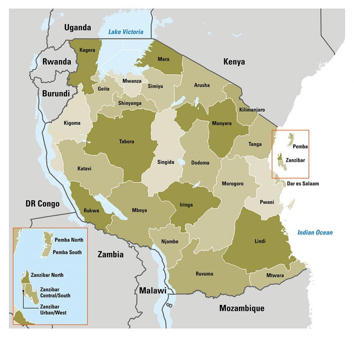 mapa je iz tanzanije pokazuje regionima