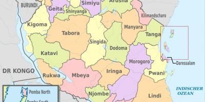 Mapa je iz tanzanije pokazuje regionima i okruga