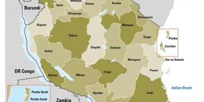 Mapa je iz tanzanije pokazuje regionima